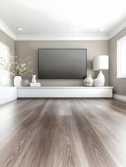 Modern living room interior design, featuring a large TV, minimalist decor, hardwood floor, and natural light from a window. Ideal for home décor websites or real estate listings