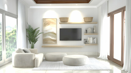 Fototapeta premium Modern living room interior design, featuring beige furniture, a large TV, and natural light, showcasing calm and minimalist aesthetics for home decor inspiration