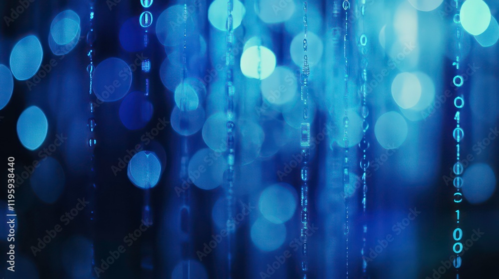 Poster Abstract blue digital data stream with bokeh lights.