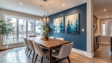 Modern dining room with large windows, wood table, and blue accent wall.