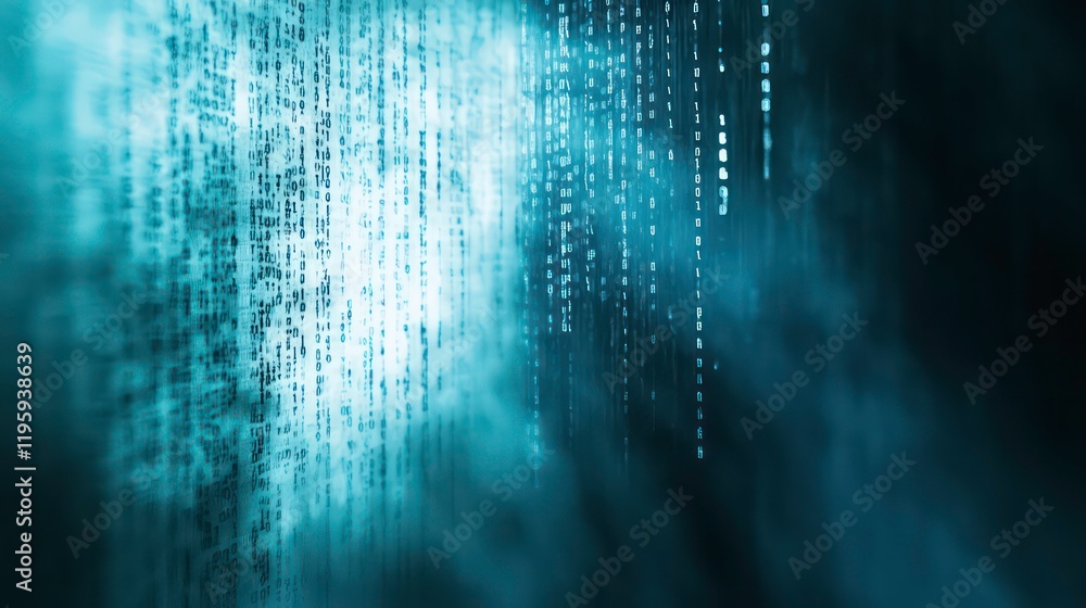Poster abstract digital code stream, flowing data, teal and dark background, futuristic technology concept.