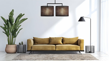 Modern living room interior design; mustard sofa, plants, lamps, sunlight, minimalist style; ideal for home décor websites