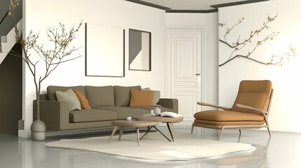Modern living room interior design, neutral tones, minimalist furniture, calm atmosphere, perfect for home decor inspiration