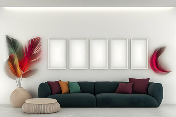 Modern living room interior design, sofa, artwork, plants, minimalist decor, home staging, for real estate