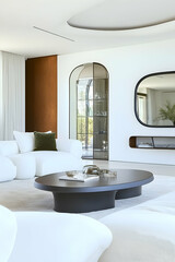 Fototapeta premium Modern living room interior design, showcasing white sofa, oval coffee table, arched glass partition, and minimalist decor. Ideal for interior design websites or magazines