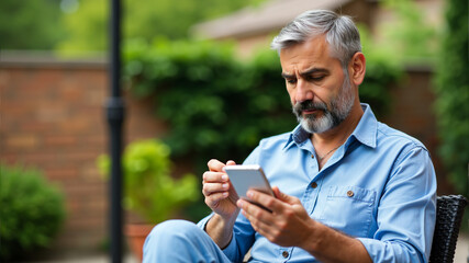 Middle-aged man browsing on his phone in a garden. Concept for mindful lifestyle and awareness in Marijuana Awareness Month