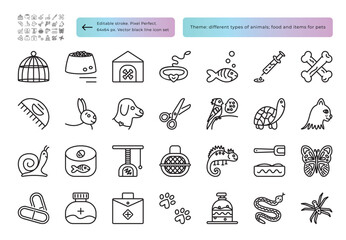 Pets types, animals items, black line icon set for grooming salons, vet clinics, shelters, vector monochrome signs, editable stroke