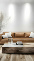 Modern living room interior design with brown leather sofa, wooden coffee table, and minimalist decor; ideal for home decor magazines or websites