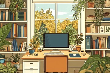 Cozy home office with lush indoor plants scenic view of nature minimalist setup fostering productivity and tranquility