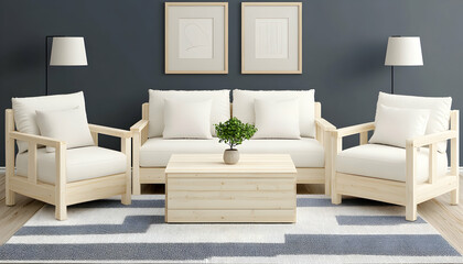 Modern living room interior design with light wood furniture, white cushions, and geometric rug.  Use Home décor inspiration