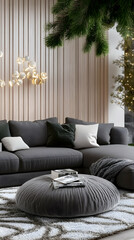 Obraz premium Modern living room interior design with sectional sofa, plush ottoman, and Christmas tree in the background; perfect for home décor websites and magazines