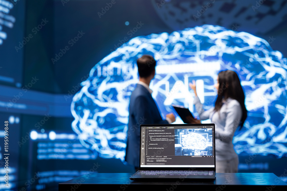 Poster focus on laptop in workplace used by ai researchers working with artificial intelligence in blurry b
