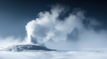 Geyser erupting steam in snowy landscape.