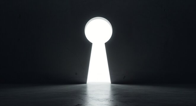 A minimalist view of a light source shaped like a keyhole illuminating an otherwise dark space, symbolizing discovery, opportunity, and unlocking potential.


