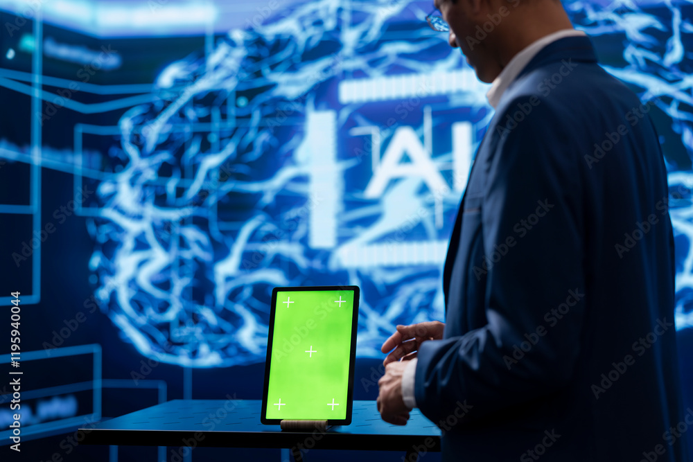 Poster system administrator in startup doing advancements in ai field using chroma key tablet. green screen