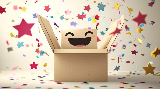 Happy cardboard box with confetti.