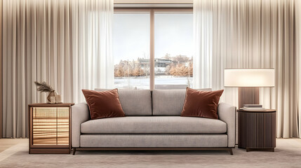 Fototapeta premium Modern living room sofa near window, city view, winter scene, cozy interior design, home decor