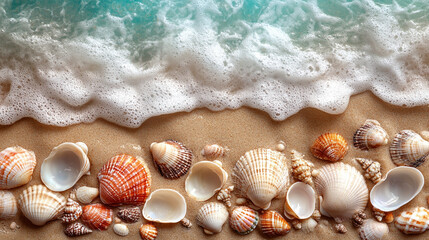 A peaceful shoreline scene with seashells scattered across the beach, offering a serene and tranquil atmosphere, highlighting nature's beauty in a bright, blurred background perfect for captions

