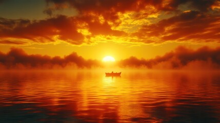 Sunrise boat foggy lake peaceful calm nature scene