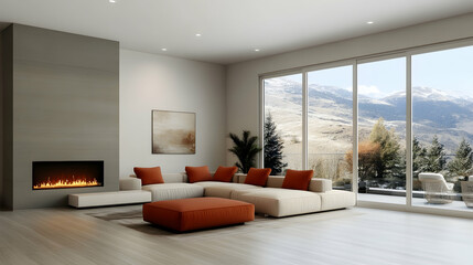Fototapeta premium Modern living room with fireplace, mountain view, and sectional sofa; ideal for home design magazines or real estate listings