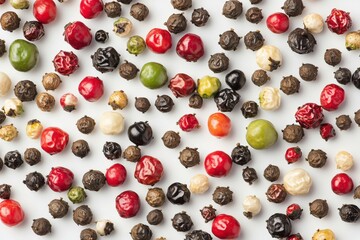 Colorful Peppercorns Scattered on White