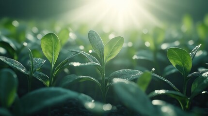 Sunrise illuminates dewy seedlings in a field