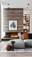 Modern living room with fireplace, wood wall, and sectional sofa; interior design inspiration for home decor websites