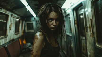 Dirty Woman Standing Inside A Decaying Train Car