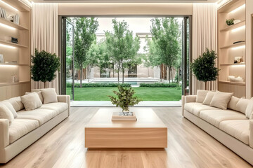 Modern living room with large glass doors opening to a tranquil backyard oasis, showcasing a lush lawn and pool; ideal for real estate or interior design