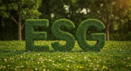 Green grass-formed ESG letters are displayed outdoors surrounded by a natural lush background, representing environmental and sustainable concepts applicable to business and ecological responsibility.