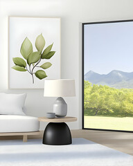 Modern living room with mountain view, featuring minimalist decor and leaf artwork, ideal for interior design websites