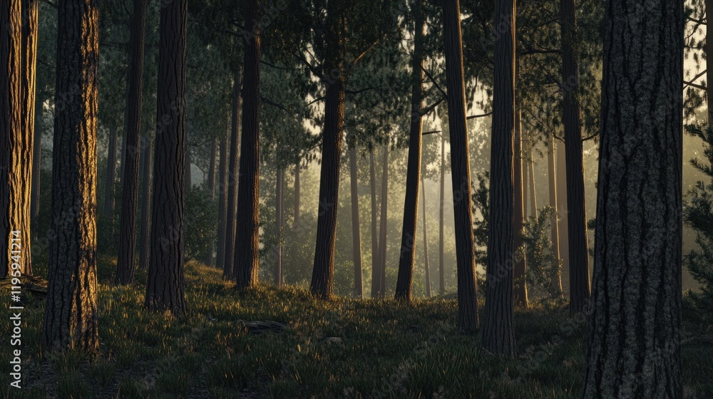 Aufkleber sun rays filtering through pine trees