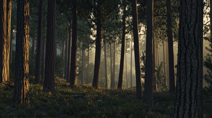 Fototapeta premium Sun Rays Filtering Through Pine Trees
