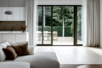 Fototapeta premium Modern living room with patio doors opening to a tranquil forest view, showcasing minimalist interior design perfect for real estate listings