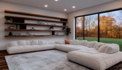 Fototapeta premium Modern living room with sectional sofa, autumn view, interior design