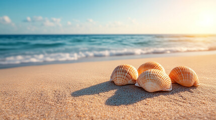 A peaceful shoreline scene with seashells scattered across the beach, offering a serene and tranquil atmosphere, highlighting nature's beauty in a bright, blurred background perfect for captions

