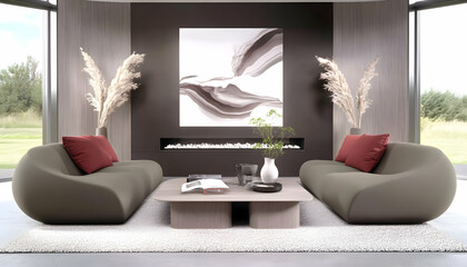 Modern living room with two sofas, coffee table, fireplace, and large artwork, overlooking a green landscape; ideal for interior design websites or magazines