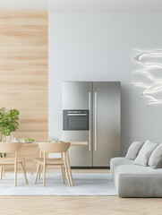 Modern minimalist apartment kitchen and living room interior design; light wood, neutral tones, comfortable seating. Ideal for home decor websites, real estate listings