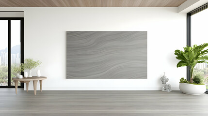 Modern minimalist apartment living room with large grey artwork, city view, and plants. Ideal for interior design websites or magazines