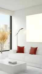 Modern minimalist apartment living room with white couch, red pillows, and city view; ideal for interior design or real estate marketing