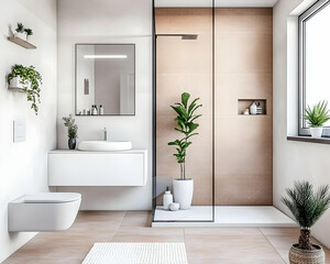 Modern minimalist bathroom design, featuring a walk-in shower, plants, and neutral tones, ideal for home design websites
