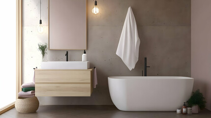 Modern minimalist bathroom design with freestanding bathtub, wooden vanity, and concrete wall. Ideal for home decor blogs and interior design websites
