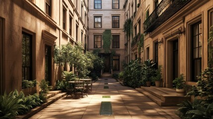 Obraz premium Sustainable green building upgrades. Serene courtyard with greenery and stone walkways in a sunny setting.