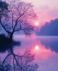 Fototapeta premium Tranquil Misty Morning: Serene Reflection of Silhouette Trees at Dawn Over Rippling River Waters