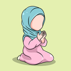 Muslim girl in hijab praying while raising her hands
