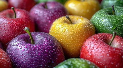 Close-up view of colorful, water-covered apples, showcasing their vibrant textures and hues