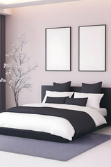 Modern minimalist bedroom interior design, featuring a large bed with black and white bedding,  empty picture frames, and a decorative tree branch. Ideal for interior design blogs or websites