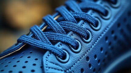 Obraz premium Close-up of laces on a navy blue leather sneaker,