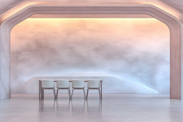 Modern minimalist dining area with soft lighting and cloudy wall, ideal for restaurant or home design inspiration