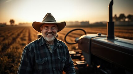 Happy farmer in a field at sunset, smiling near his tractor.  A portrait of rural life and agricultural work.